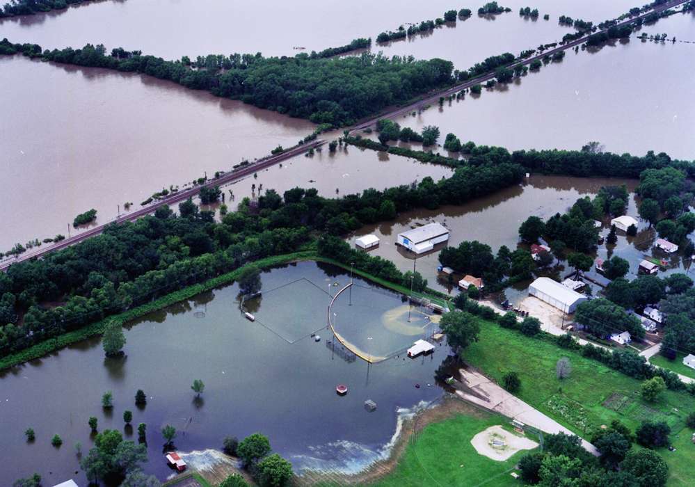Floods, history of Iowa, Iowa History, Ottumwa, IA, highway, Lemberger, LeAnn, field, Aerial Shots, Iowa, Cities and Towns, Sports, baseball field