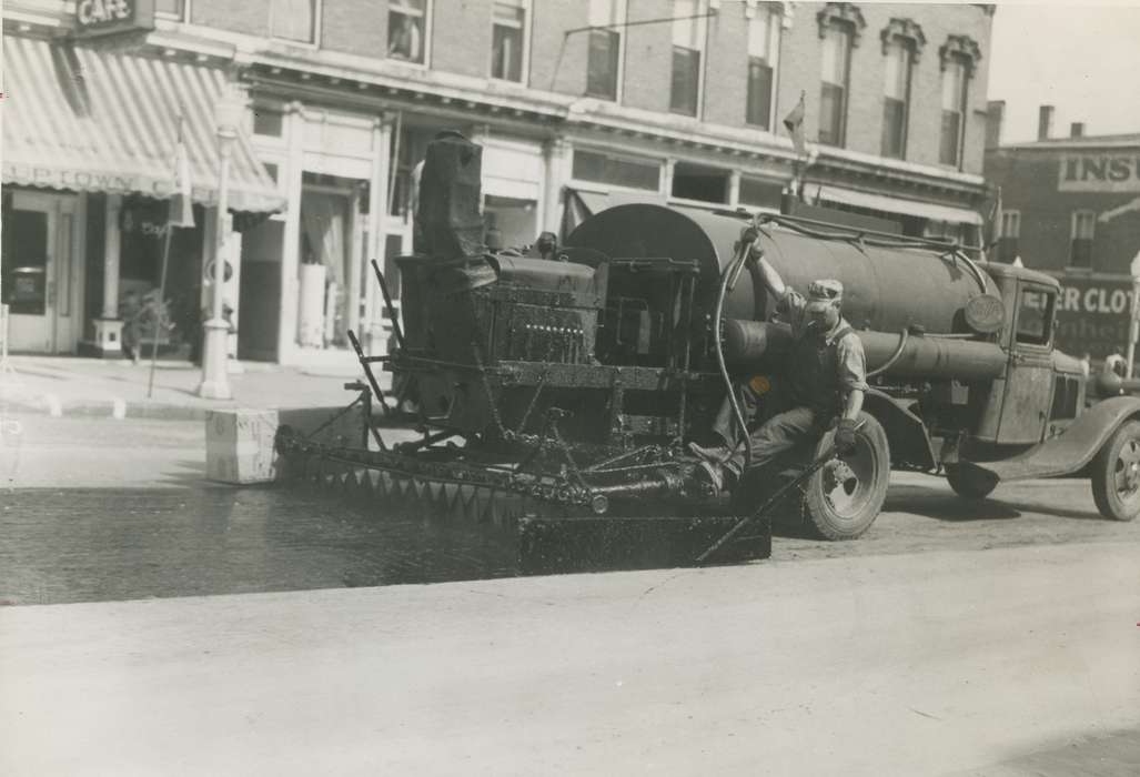 Main Streets & Town Squares, history of Iowa, Iowa History, Motorized Vehicles, truck, brick building, road paver, Waverly, IA, Iowa, Cities and Towns, correct date needed, Waverly Public Library, Labor and Occupations