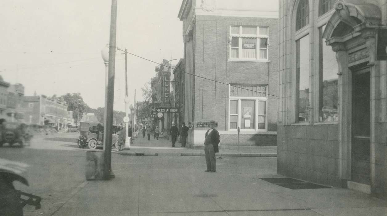 Main Streets & Town Squares, history of Iowa, Iowa History, Motorized Vehicles, Businesses and Factories, downtown, car, Waverly, IA, Iowa, Cities and Towns, Waverly Public Library
