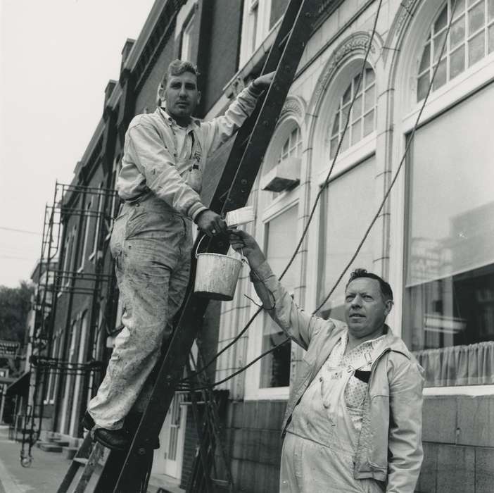 Portraits - Group, worker, scaffolding, Businesses and Factories, man, Waverly Public Library, jacket, Main Streets & Town Squares, history of Iowa, Iowa History, bucket, brick building, Waverly, IA, Iowa, Labor and Occupations, correct date needed, ladder, overalls, bank