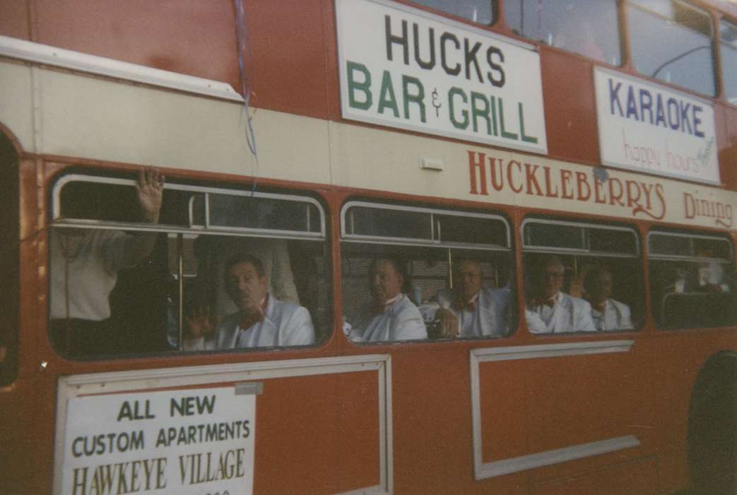 Iowa, Patterson, Donna and Julie, Evansdale, IA, parade, Iowa History, Fairs and Festivals, advertisement, bus, history of Iowa, Motorized Vehicles, suit