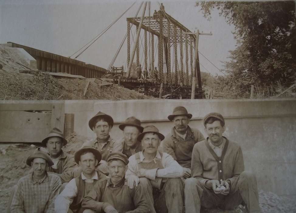 Portraits - Group, worker, bridge, Iowa History, history of Iowa, Eddyville, IA, construction crew, Iowa, Lemberger, LeAnn, construction, hat, Labor and Occupations