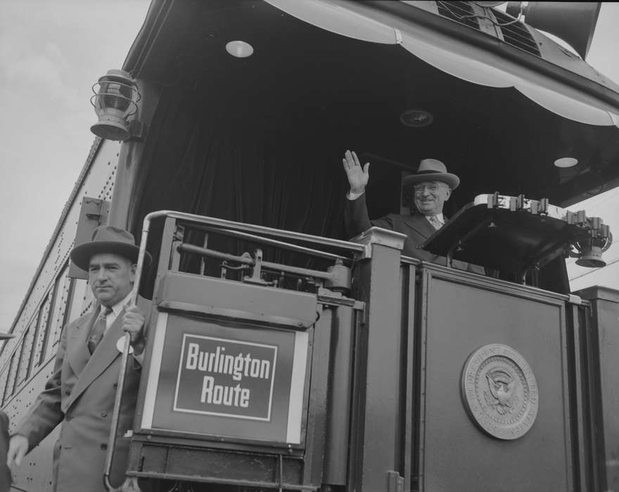 Portraits - Group, train, Iowa, hat, Train Stations, Burlington, IA, wave, president, Lemberger, LeAnn, railroad, truman, Civic Engagement, history of Iowa, Motorized Vehicles, Iowa History, burlington route