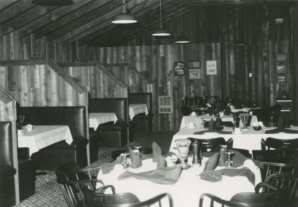 history of Iowa, wood paneling, Iowa History, dining room, inn, table and chairs, Iowa, restaurant, Food and Meals, Waverly Public Library, hotel