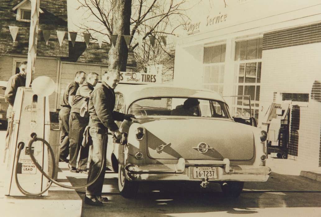 history of Iowa, Motorized Vehicles, service station, working men, Iowa, Waverly Public Library, Labor and Occupations, gas pump, Iowa History, automobile service