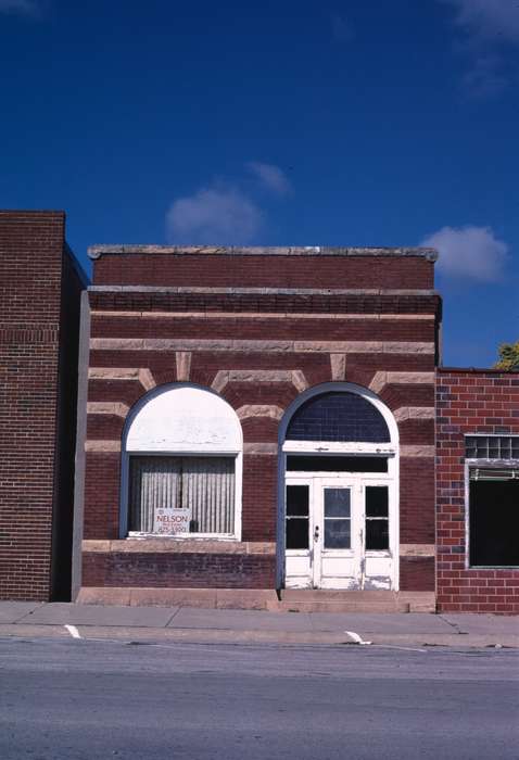 arch, Library of Congress, history of Iowa, Businesses and Factories, sidewalk, storefront, Iowa, brick, Iowa History, Cities and Towns, curb