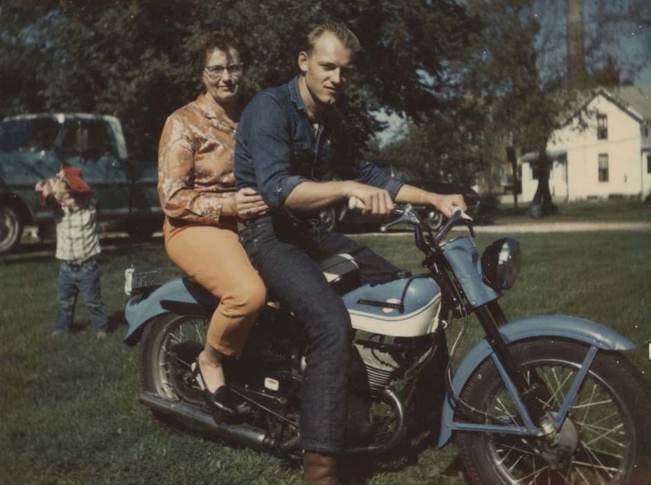 Portraits - Group, Iowa History, motorcycle, Motorized Vehicles, Iowa, Osage, IA, Wickwire (Uker), Cheryl, history of Iowa