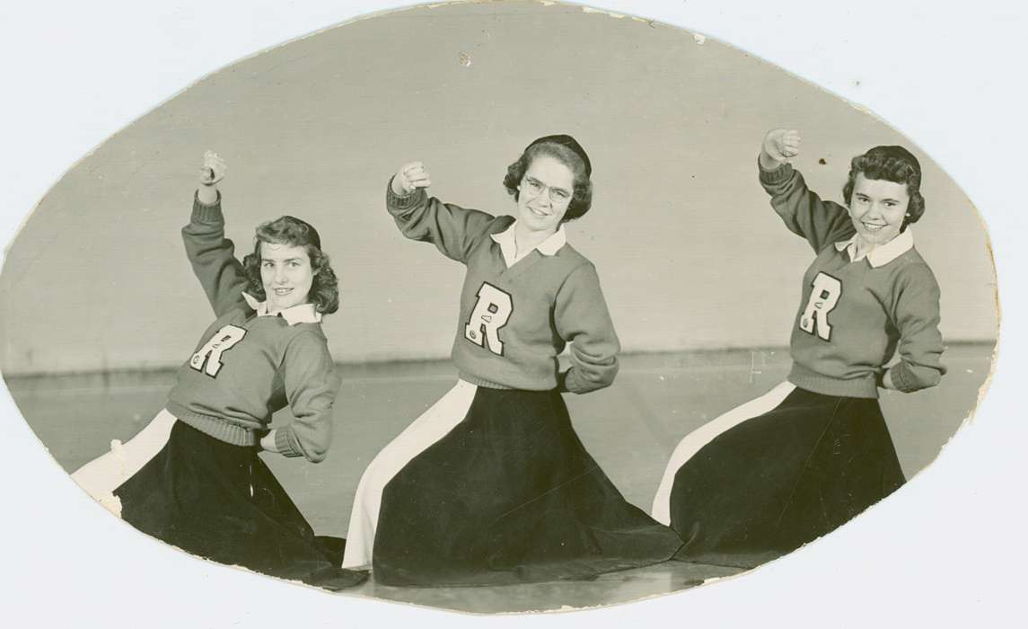Portraits - Group, history of Iowa, Iowa History, cheerleader, high school, Lang, Julie, Iowa, Renwick, IA, Schools and Education, Sports
