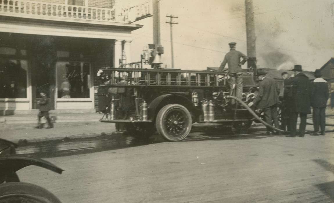 Iowa Falls, IA, history of Iowa, Iowa History, Mortenson, Jill, Motorized Vehicles, burning building, fire truck, Iowa, Cities and Towns, firefighter, fire engine, Labor and Occupations
