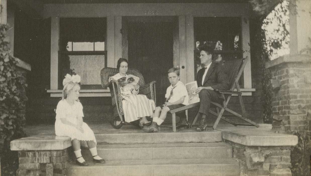 Iowa Falls, IA, history of Iowa, Iowa History, Mortenson, Jill, front porch, Families, brick, bow, lawn chair, rocking chair, homes, Iowa, family, Homes, Children, Leisure