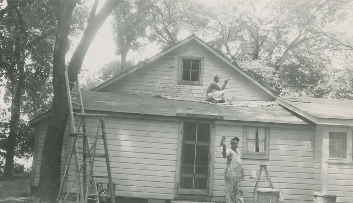 Portraits - Group, Iowa, construction, McMurray, Doug, cabin, ladder, painting, Homes, house, Clear Lake, IA, Labor and Occupations, history of Iowa, Iowa History, paint