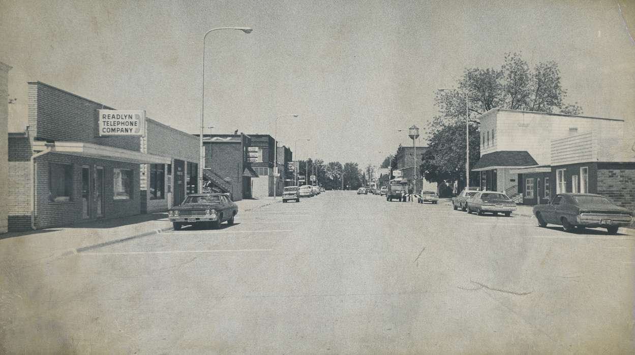 license plate, Main Streets & Town Squares, history of Iowa, Iowa History, Motorized Vehicles, brick building, car, building, water tower, Readlyn, IA, Iowa, Cities and Towns, correct date needed, watertower, Waverly Public Library