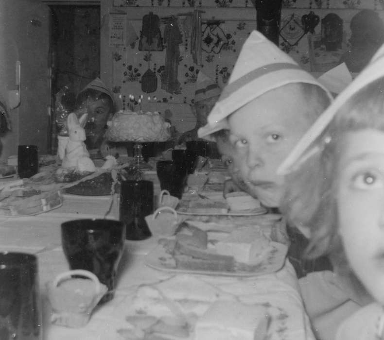 cake, rabbit, history of Iowa, Iowa History, birthday, Hahn, Cindy, Sumner, IA, candles, Holidays, Iowa, party, Homes, Food and Meals, Children, party hats