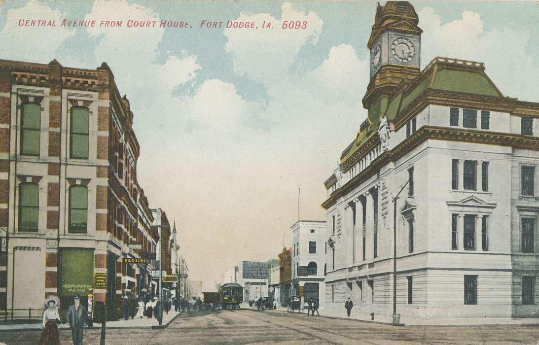 history of Iowa, Main Streets & Town Squares, postcard, Iowa, horse carriage, Shaulis, Gary, Iowa History, Cities and Towns, people, street car