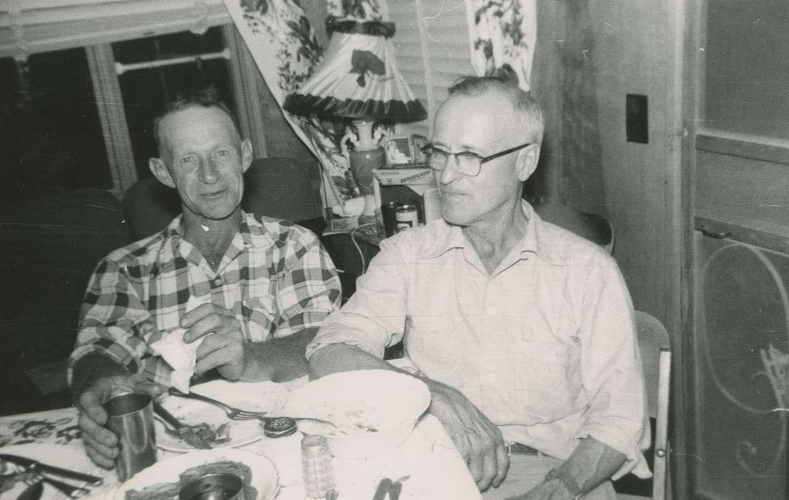 Portraits - Group, fork, history of Iowa, Iowa History, salt shaker, cup, glasses, Logsdon, Teryl, friends, Iowa, Winneshiek County, IA, Homes, Food and Meals, lamp