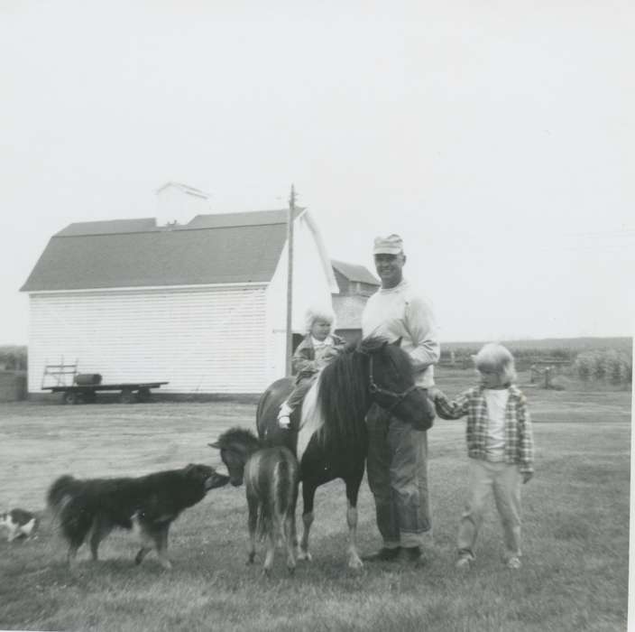 Portraits - Group, history of Iowa, pony, foal, Iowa History, Families, barn, Barns, Animals, farm, Bartlett, Colleen, Eagle Grove, IA, Iowa, Farms, dog