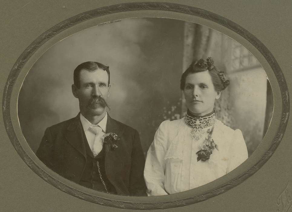 Portraits - Group, boutonniere, pocket watch chain, cabinet photo, Iowa, woman, Iowa History, Grand Junction, IA, Olsson, Ann and Jons, handlebar mustache, lace collar, blouse, mustache, history of Iowa, corsage, suit, man