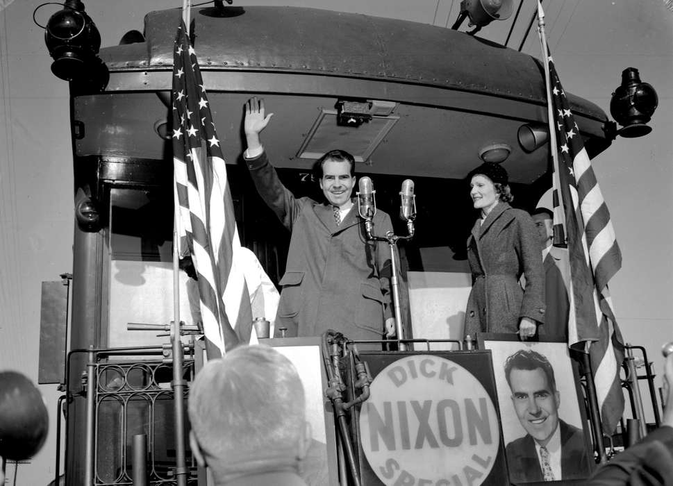 train, Iowa, governor, campaign, microphone, president, Lemberger, LeAnn, Ottumwa, IA, richard nixon, Civic Engagement, history of Iowa, flag, Iowa History, nixon