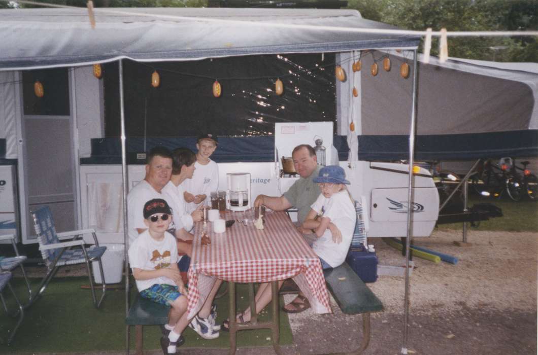 Portraits - Group, Food and Meals, coffee, IA, Iowa, Courtney, Patricia, picnic, breakfast, Families, Leisure, Children, gingham, camping, camper, history of Iowa, Motorized Vehicles, Iowa History