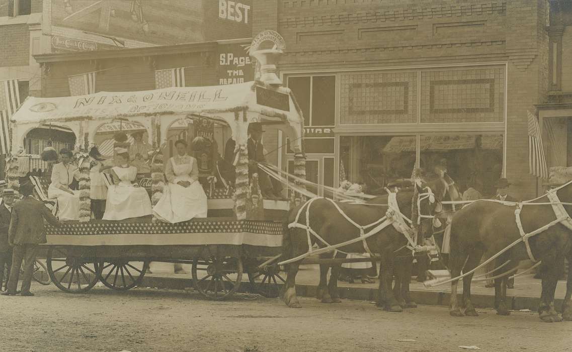 Iowa, Animals, parade, horse, Meyer, Sarah, optician, Entertainment, women, parade float, Cities and Towns, Labor and Occupations, history of Iowa, Waverly, IA, Main Streets & Town Squares, Iowa History