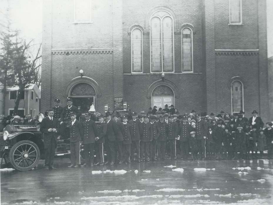 Portraits - Group, Main Streets & Town Squares, fire department, history of Iowa, Religious Structures, Iowa History, Motorized Vehicles, Businesses and Factories, Civic Engagement, firefighters, Waverly, IA, portrait, Iowa, Cities and Towns, church, Waverly Public Library, fire engine, Labor and Occupations