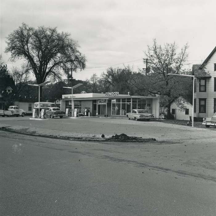 Waverly Public Library, history of Iowa, Iowa History, pickup truck, light, Businesses and Factories, dairy, car, Waverly, IA, gas station, service station, utility pole, Cities and Towns, Iowa, delivery truck, correct date needed, banner, gas pump