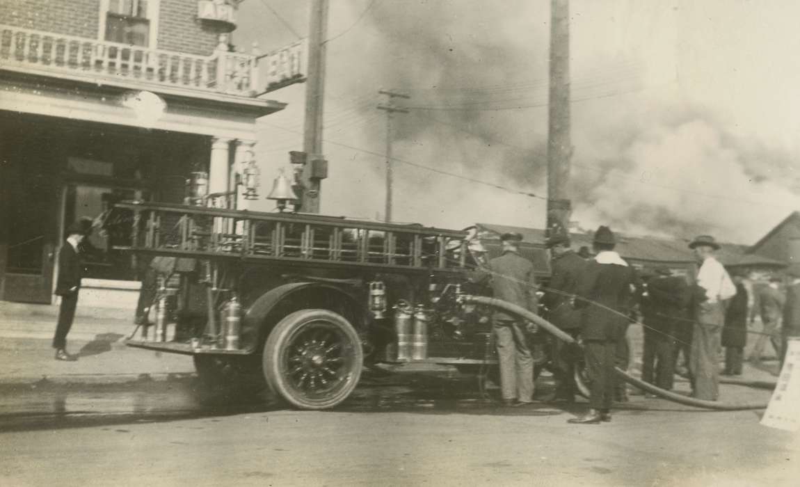 Iowa Falls, IA, history of Iowa, Iowa History, Mortenson, Jill, Motorized Vehicles, fire, burning building, fire truck, Iowa, Cities and Towns, fire engine, Labor and Occupations