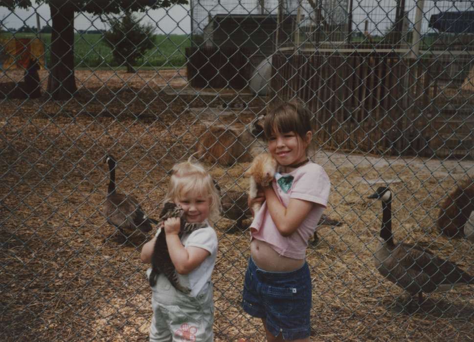 Portraits - Group, IA, Iowa, kitten, Animals, Leisure, Children, geese, Camden, Shannon, history of Iowa, Farms, petting zoo, goose, Iowa History