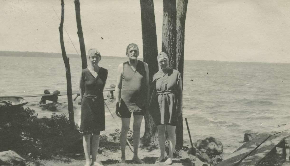 Portraits - Group, trees, Iowa, McMurray, Doug, swimming, bathing suits, Lakes, Rivers, and Streams, Clear Lake, IA, history of Iowa, Iowa History