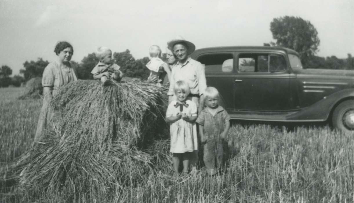 Portraits - Group, harvest, Iowa, Marvets, Peggy, Waterloo, IA, Children, car, field, family, Farms, history of Iowa, hay, Motorized Vehicles, Iowa History