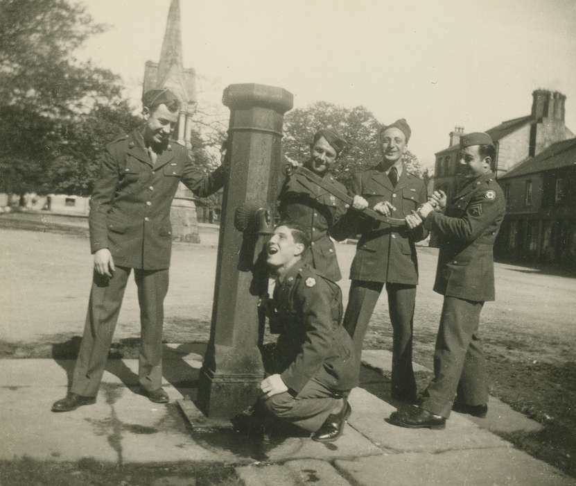 Portraits - Group, Military and Veterans, Travel, wwii, Campopiano Von Klimo, Melinda, uniform, history of Iowa, Iowa History, world war ii, fountain, France, Iowa, water pump, silly