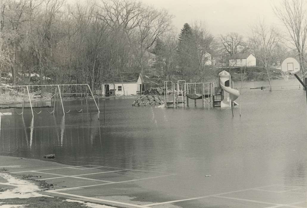 swingset, Iowa History, Homes, flooding, Waverly Public Library, slide, Iowa, Landscapes, history of Iowa, playground, basketball hoop, Waverly, IA