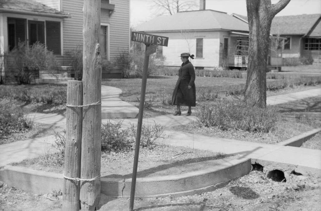 sidewalk, sewer, history of Iowa, Library of Congress, petticoat, corner, Iowa, sign, curb, Iowa History, woman