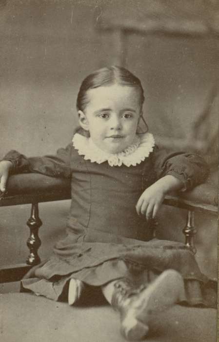 boots, IA, Iowa, chair, Children, King, Tom and Kay, Portraits - Individual, dress, lace collar, history of Iowa, Iowa History