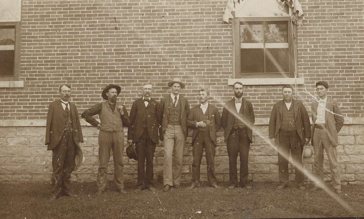 Portraits - Group, bow tie, Waverly Public Library, history of Iowa, Iowa History, beard, window, brick building, courthouse, outfit, tie, Waverly, IA, Iowa, correct date needed, mustache, people, hat, suit
