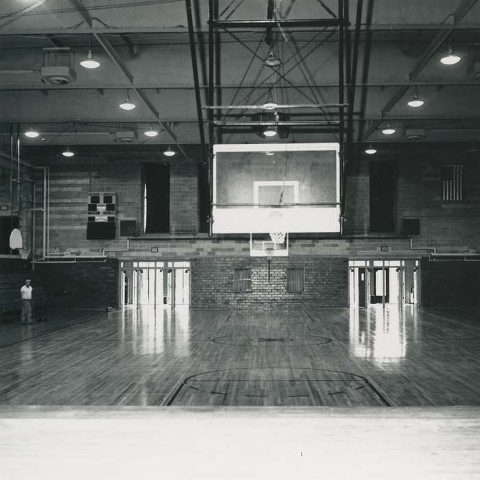 Waverly Public Library, gym, Iowa History, history of Iowa, light, basketball court, brick building, Waverly, IA, scoreboard, Iowa, correct date needed, building interior, gymnasium, basketball hoop