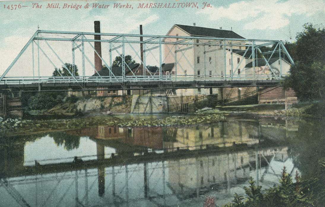 river, postcard, bridge, Iowa, history of Iowa, Iowa History, Shaulis, Gary, Businesses and Factories