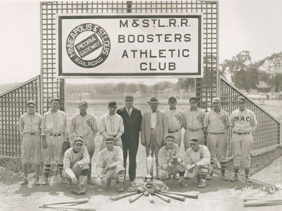 Portraits - Group, Sanderson, Beverly Hall and Greg, Iowa History, Iowa, uniform, baseball, Sports, Travel, booster club, MN, history of Iowa