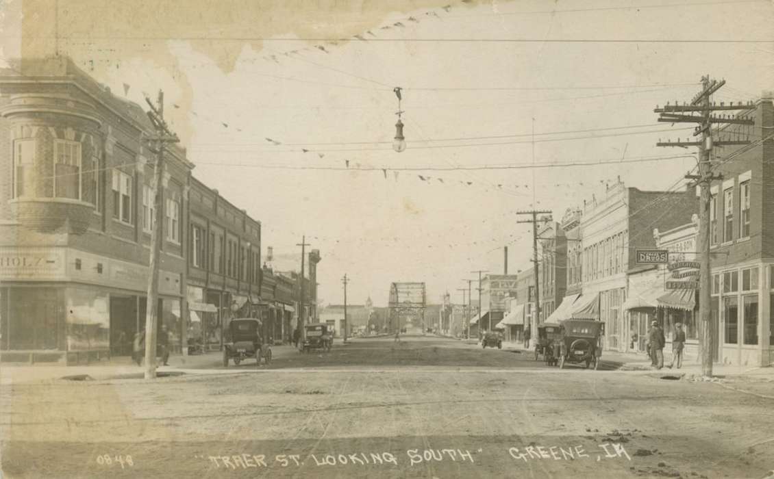 drug store, Iowa, Palczewski, Catherine, telephone pole, car, Greene, IA, street light, Cities and Towns, bridge, history of Iowa, Motorized Vehicles, Main Streets & Town Squares, Iowa History