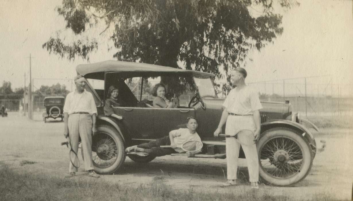 Portraits - Group, touring car, Mortenson, Jill, Families, chevrolet, car, tennis racquet, chevy, tennis, men, Iowa Falls, IA, history of Iowa, Iowa History, automobile, Motorized Vehicles, girls, tennis court, convertible, Iowa, boy, pose, Leisure