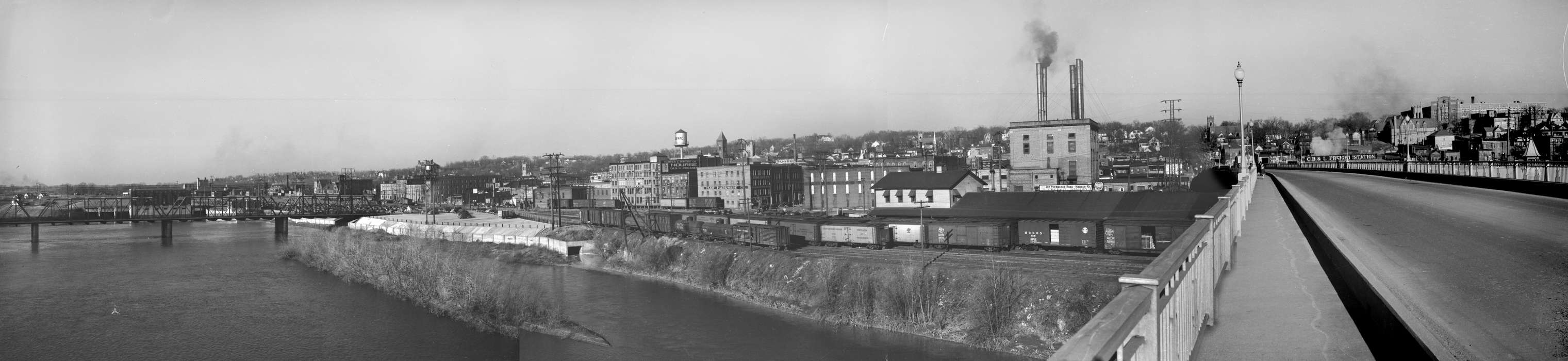 smokestack, Ottumwa, IA, Aerial Shots, train tracks, Lemberger, LeAnn, history of Iowa, Motorized Vehicles, train, bridge, Lakes, Rivers, and Streams, Cities and Towns, Train Stations, Iowa, factory, Businesses and Factories, building, river, Iowa History