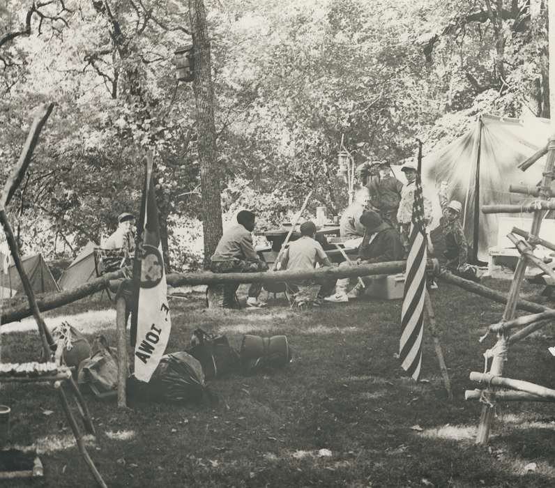 Portraits - Group, boy scouts, history of Iowa, Iowa History, Civic Engagement, american flag, Clarksville, IA, Iowa, Outdoor Recreation, Schools and Education, Children, Waverly Public Library, camping