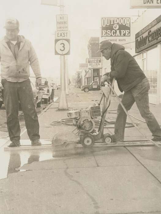 concrete, truck, crew, Civic Engagement, car, sidewalk, sign, Cities and Towns, hat, Waverly Public Library, Main Streets & Town Squares, history of Iowa, Iowa History, Motorized Vehicles, Waverly, IA, coat, Iowa, correct date needed, Labor and Occupations