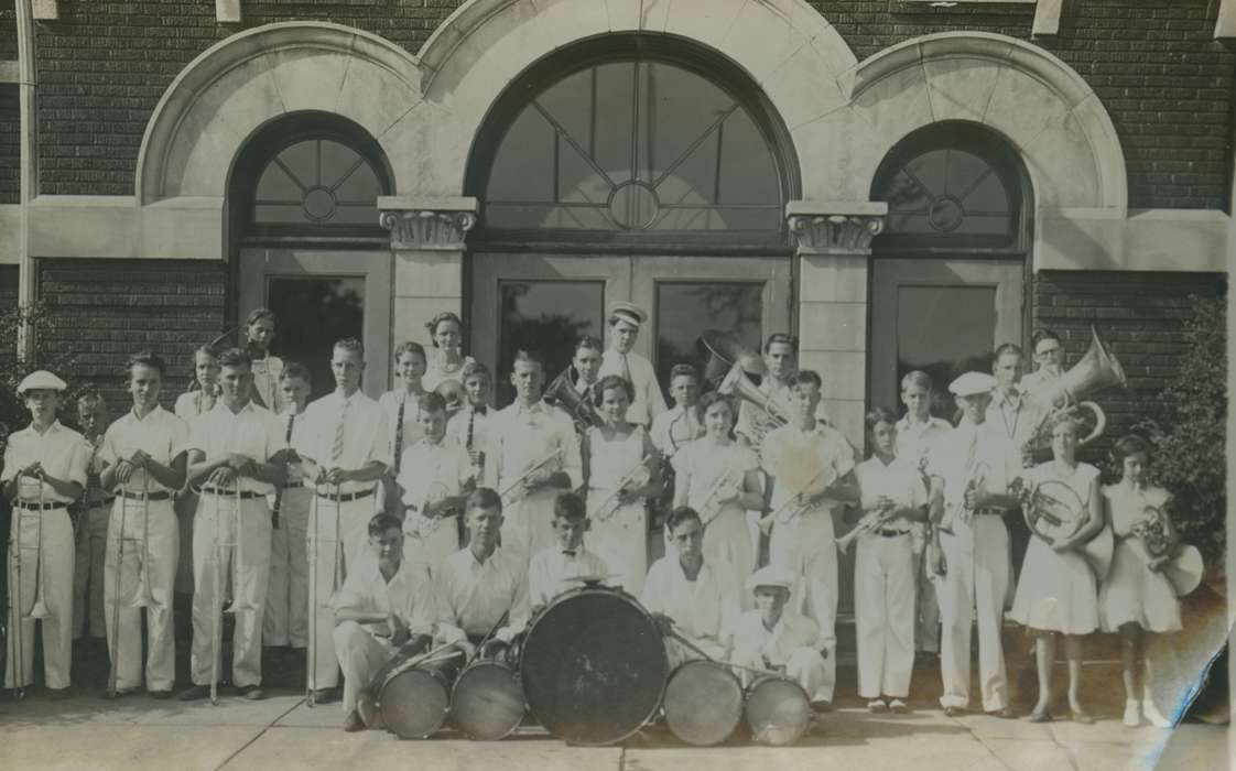 Portraits - Group, baritone, euphonium, trombone, IA, conductor, drums, clarinet, horn, tuba, Schools and Education, King, Tom and Kay, french horn, saxophone, history of Iowa, band, snare drum, Iowa History, bass drum, Iowa, Outdoor Recreation, trumpet, Children
