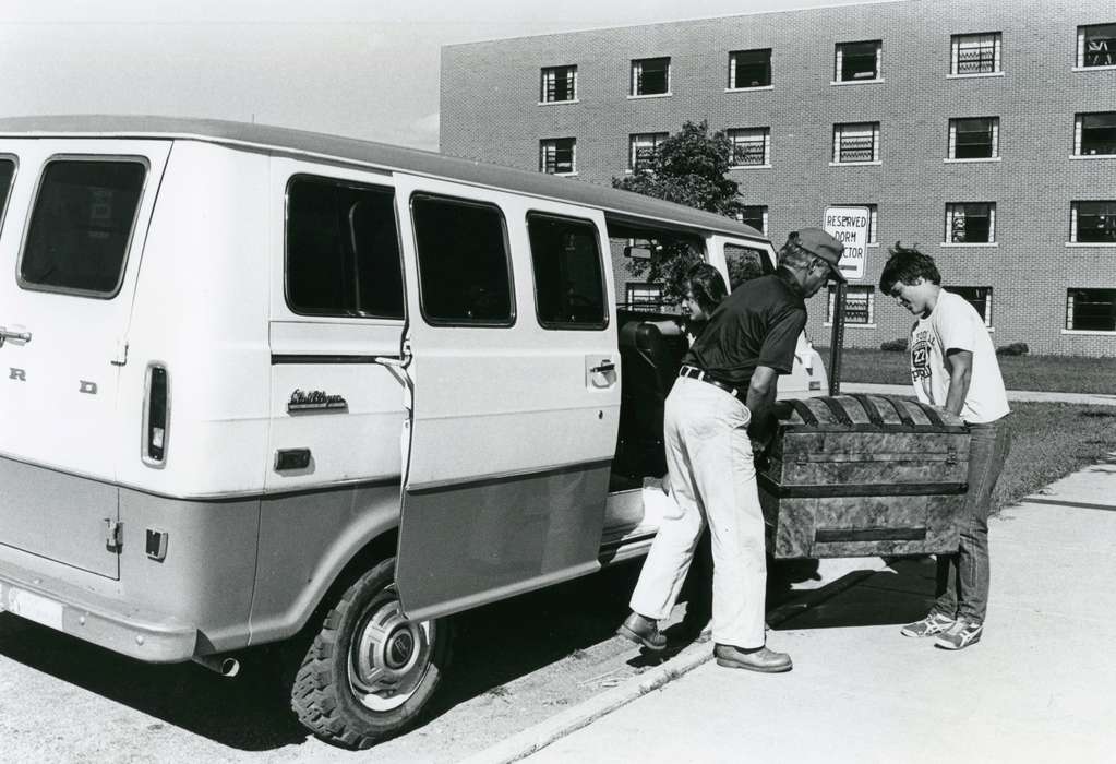 Iowa, UNI Special Collections & University Archives, Schools and Education, Families, uni, dorm, van, university of northern iowa, sign, dormitory, ford bus, chest, Cedar Falls, IA, history of Iowa, Motorized Vehicles, Iowa History