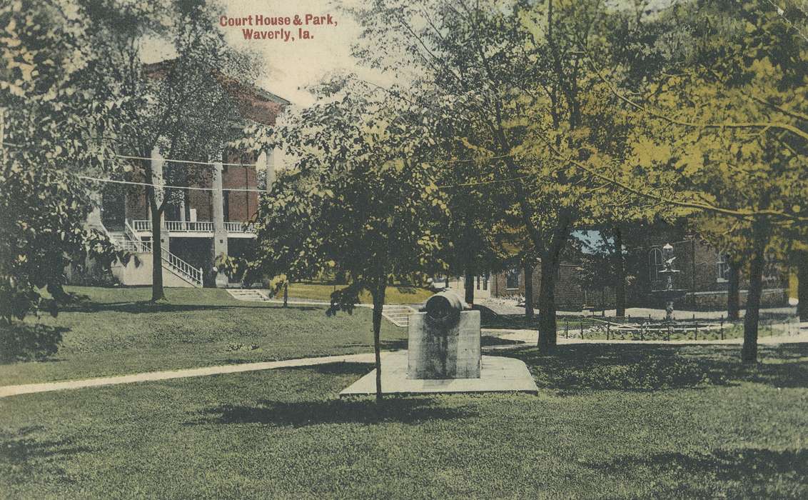 history of Iowa, Landscapes, post card, Waverly Public Library, Waverly, IA, Iowa, court house, cannon, Prisons and Criminal Justice, fountain, park, Iowa History, correct date needed, Cities and Towns