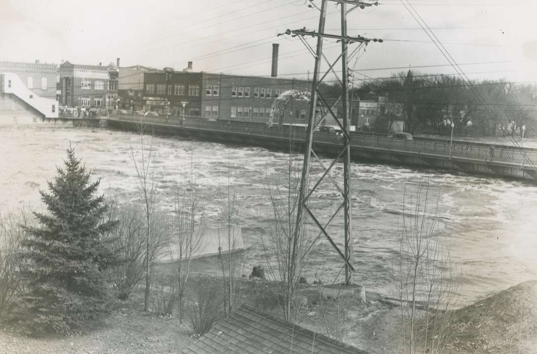 history of Iowa, downtown, Businesses and Factories, Waverly, IA, Waverly Public Library, Main Streets & Town Squares, Iowa, Motorized Vehicles, Iowa History, Floods, Cities and Towns, bridge