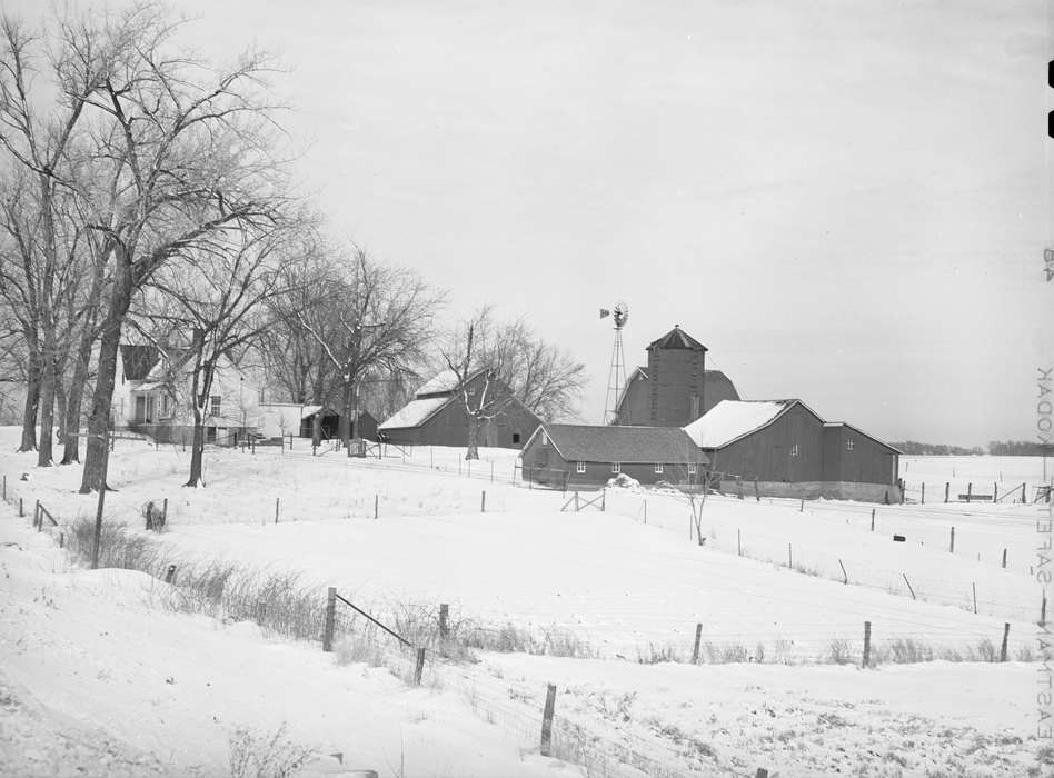 Barns, farmhouse, homestead, sheds, snow, barnyard, Homes, history of Iowa, Iowa History, Library of Congress, Winter, trees, pasture, windmill, silo, Iowa, red barn, fence, barbed wire fence, Farms