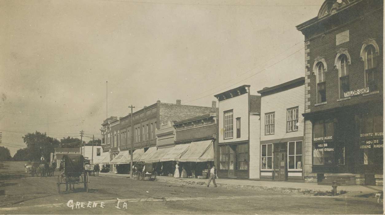 Greene, IA, tailor, Palczewski, Catherine, history of Iowa, Main Streets & Town Squares, mud, horse and buggy, Cities and Towns, Iowa, Businesses and Factories, Iowa History, road