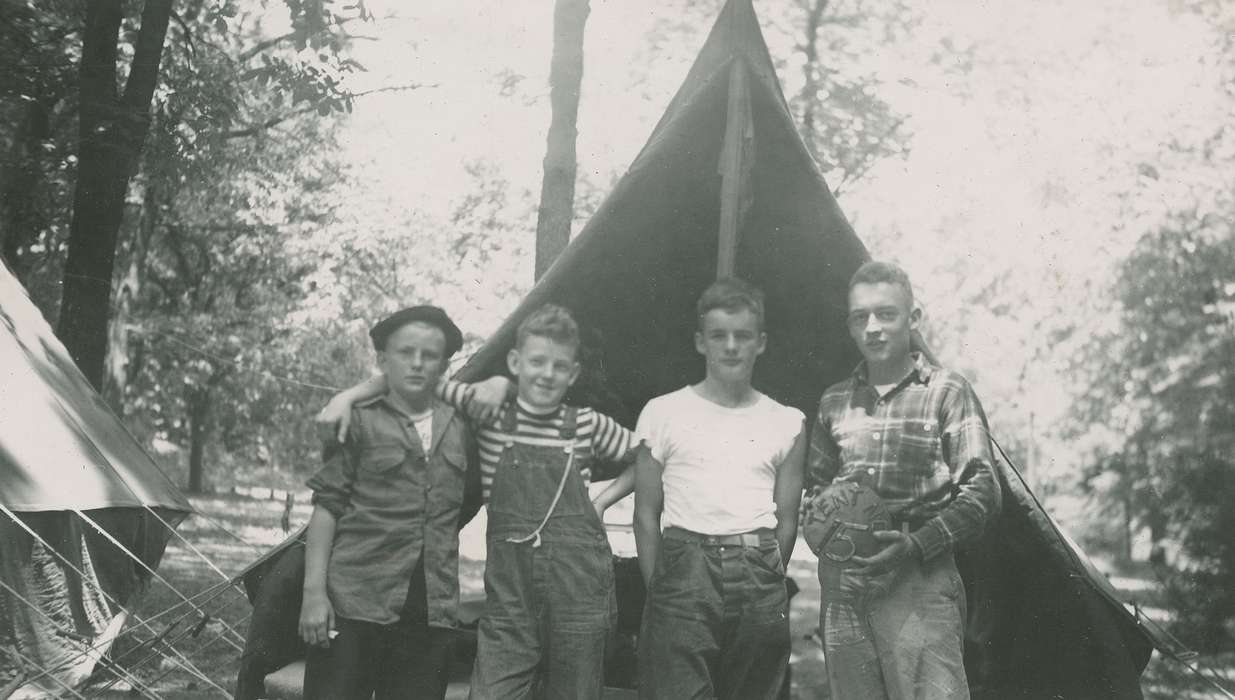 Portraits - Group, camping, Iowa History, tent, Iowa, McMurray, Doug, history of Iowa, Outdoor Recreation, Lehigh, IA, Children, boy scouts